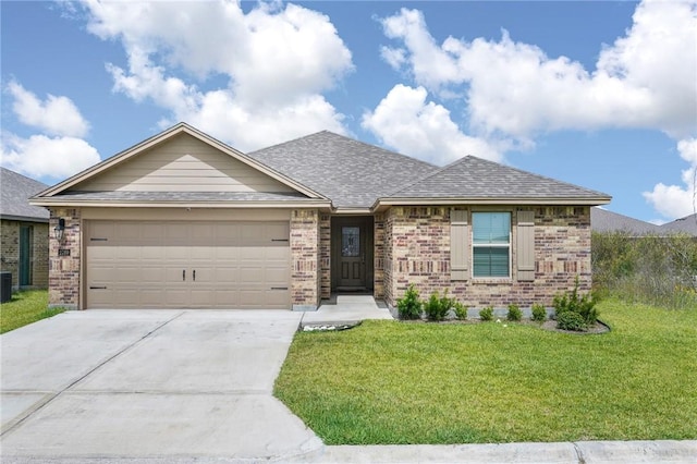 single story home with a garage, a front yard, and central AC