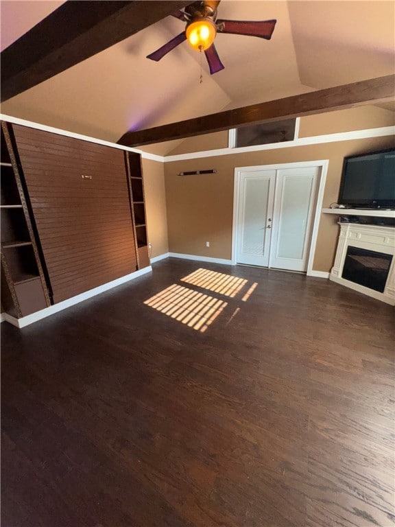 unfurnished living room featuring vaulted ceiling with beams, ceiling fan, and dark wood-type flooring