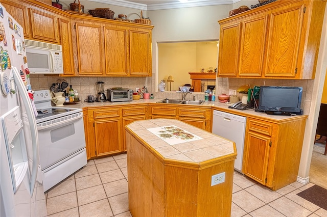 7014 Mona Lisa Cir, Corpus Christi, TX 78413 - kitchen with white appliances, tile countertops, ornamental molding, light tile patterned floors, and tasteful backsplash