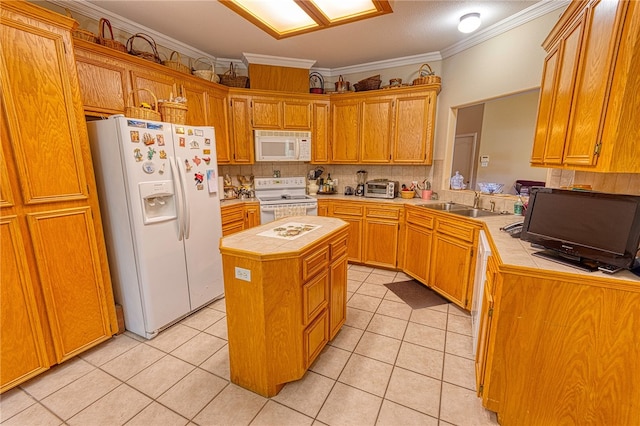 7014 Mona Lisa Cir, Corpus Christi, TX 78413 - kitchen featuring white appliances, tile countertops, a center island, ornamental molding, and light tile patterned floors