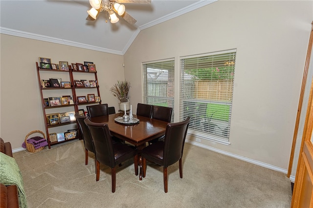 7014 Mona Lisa Cir, Corpus Christi, TX 78413 - dining area featuring crown molding, lofted ceiling, a ceiling fan, and carpet floors