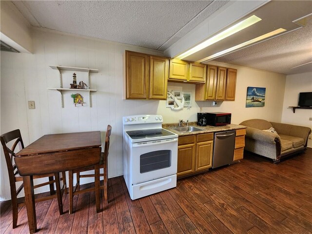 kitchen with sink, a textured ceiling, stainless steel dishwasher, dark hardwood / wood-style flooring, and electric stove