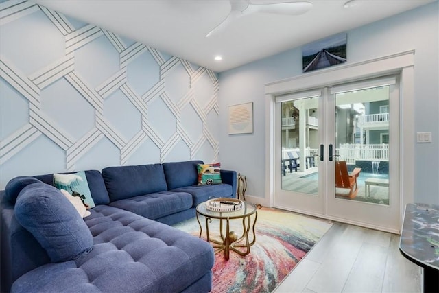 969 Banyan Beach Dr, Port Aransas, TX 78373 - living room with wood finished floors, ceiling fan, and recessed lighting