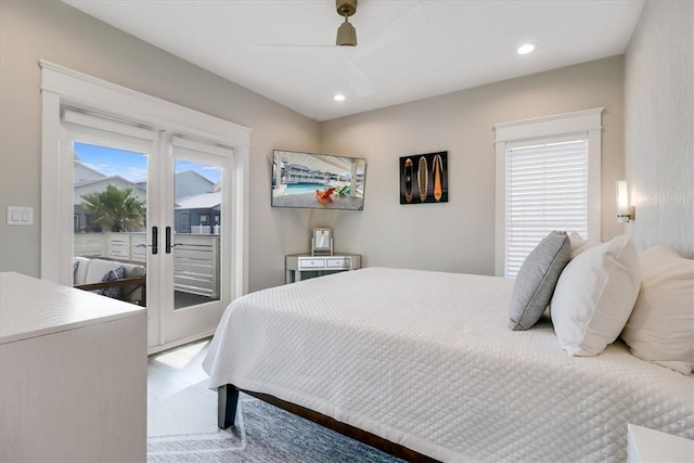 969 Banyan Beach Dr, Port Aransas, TX 78373 - bedroom featuring access to outside, multiple windows, a ceiling fan, recessed lighting, and french doors