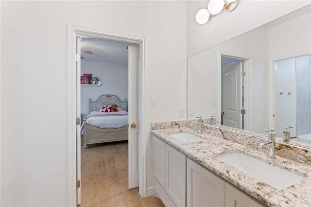 bathroom with hardwood / wood-style floors and vanity