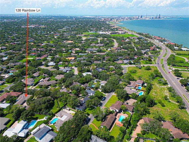 birds eye view of property featuring a water view