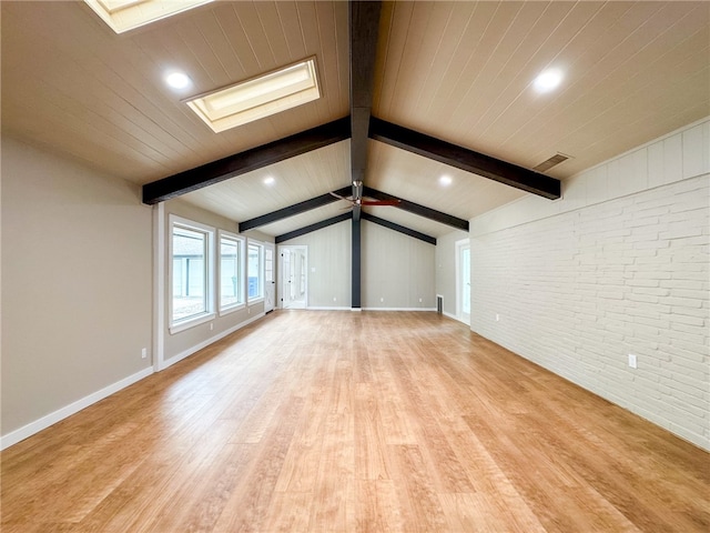 unfurnished living room with light hardwood / wood-style floors, wooden ceiling, lofted ceiling with beams, and brick wall