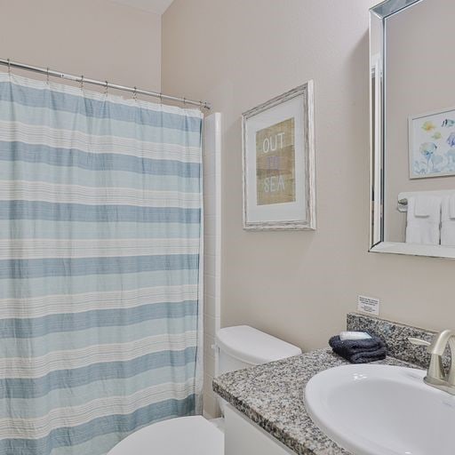 bathroom with vanity, curtained shower, and toilet