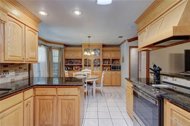 kitchen with hanging light fixtures, backsplash, appliances with stainless steel finishes, and ornamental molding