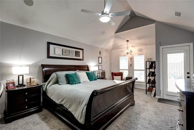 bedroom featuring lofted ceiling, light colored carpet, and ceiling fan