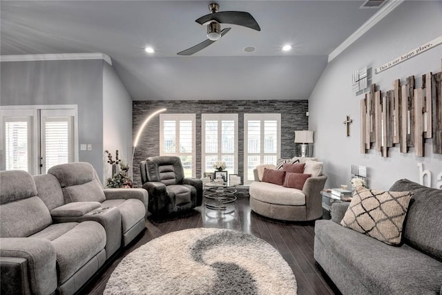 living area featuring dark wood-style floors, ornamental molding, and a wealth of natural light