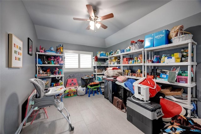 storage area with a ceiling fan