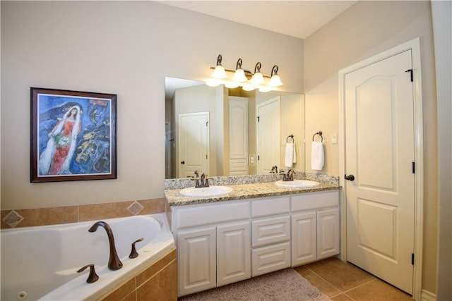 full bathroom with tile patterned flooring, a garden tub, and double vanity
