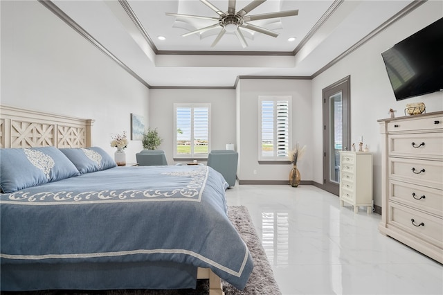 bedroom featuring ceiling fan and crown molding