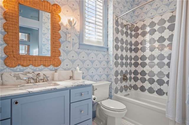 full bathroom with toilet, shower / bath combo with shower curtain, vanity, and wallpapered walls