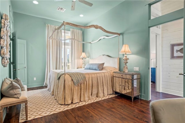 bedroom with a ceiling fan, visible vents, wood finished floors, and recessed lighting