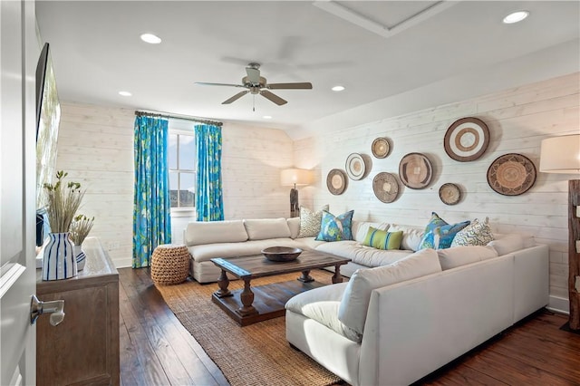 living room with recessed lighting, wood-type flooring, and ceiling fan