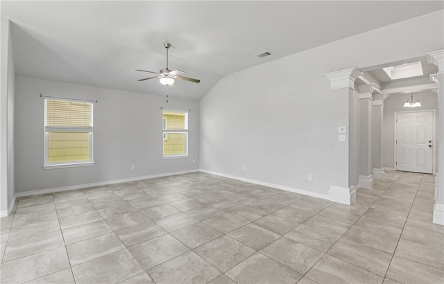 7525 Killebrew Dr, Corpus Christi, TX 78414 - unfurnished room with light tile patterned flooring, ceiling fan, ornate columns, and lofted ceiling