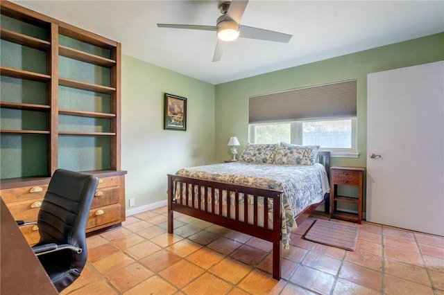 bedroom with ceiling fan and baseboards