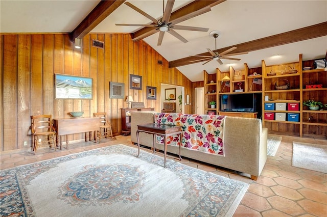 living room with vaulted ceiling with beams, visible vents, wooden walls, and ceiling fan