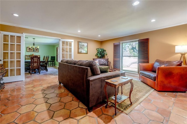 living area featuring recessed lighting, ornamental molding, and an inviting chandelier