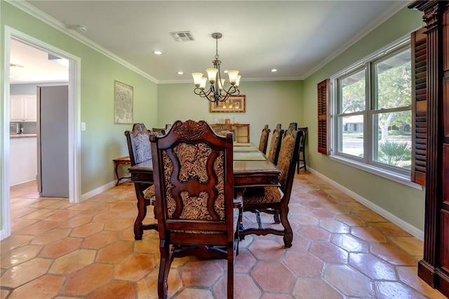 dining room with an inviting chandelier, baseboards, ornamental molding, visible vents, and recessed lighting