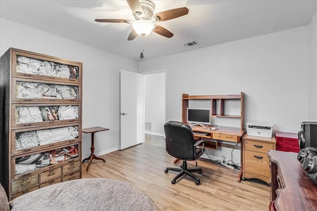 home office with ceiling fan and light wood-type flooring