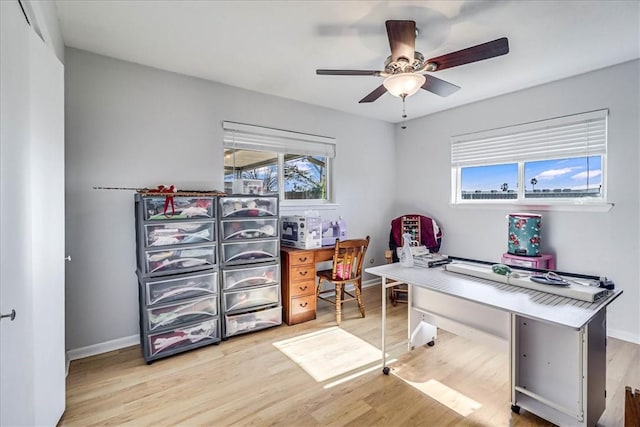 office space with light hardwood / wood-style floors, ceiling fan, and plenty of natural light