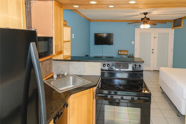 14300 S Padre Island Dr Unit 79, Corpus Christi, TX 78418 - kitchen featuring black appliances, dark countertops, recessed lighting, a ceiling fan, and light tile patterned floors