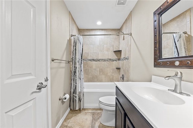 full bathroom featuring toilet, vanity, tile patterned floors, and shower / bathtub combination with curtain