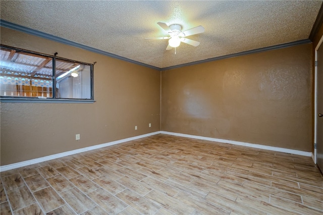 empty room with hardwood / wood-style flooring, ceiling fan, crown molding, and a textured ceiling