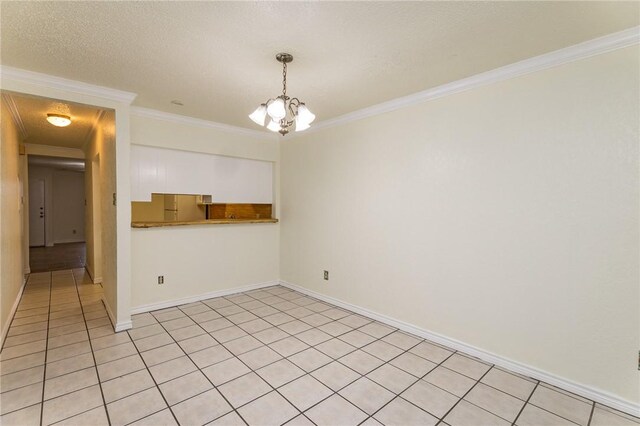 interior space with crown molding, a closet, a textured ceiling, and an inviting chandelier