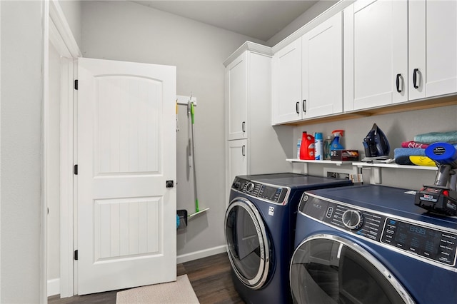 964 Allende St, Seguin, TX 78155 - clothes washing area featuring washer and clothes dryer, cabinet space, dark wood-style floors, and baseboards