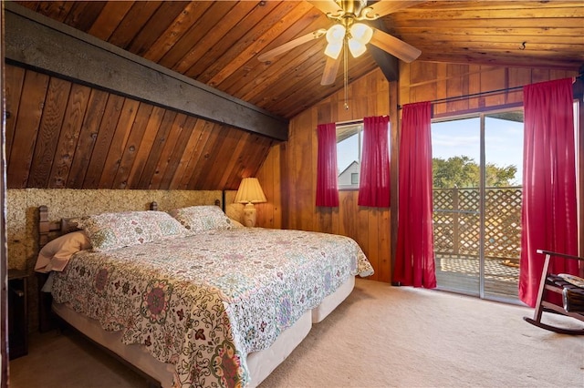 bedroom with wood walls, lofted ceiling with beams, light carpet, wooden ceiling, and access to outside