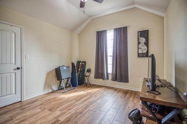 2421 Country Oaks Cir, Ingleside, TX 78362 - office with ceiling fan, baseboards, vaulted ceiling, and wood finished floors