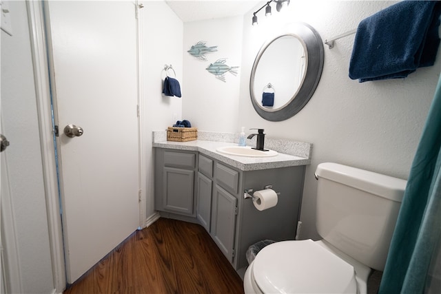 bathroom with toilet, vanity, and wood-type flooring