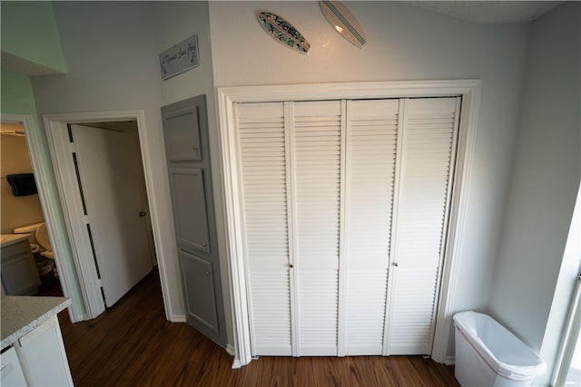 bedroom with a textured ceiling, dark hardwood / wood-style floors, and a closet