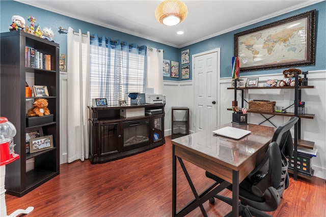 home office featuring hardwood / wood-style flooring and crown molding