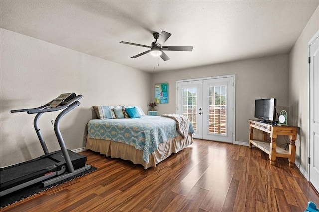 bedroom with baseboards, french doors, wood finished floors, and access to exterior