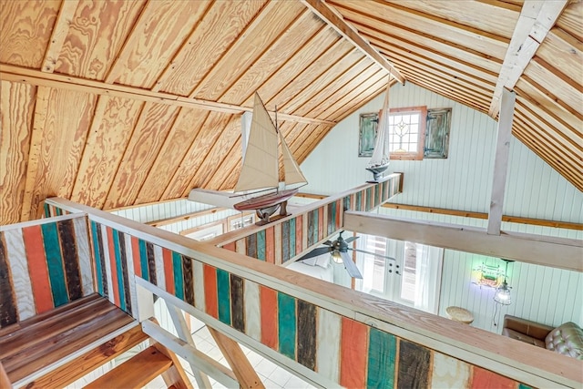 details featuring wooden walls and ceiling fan