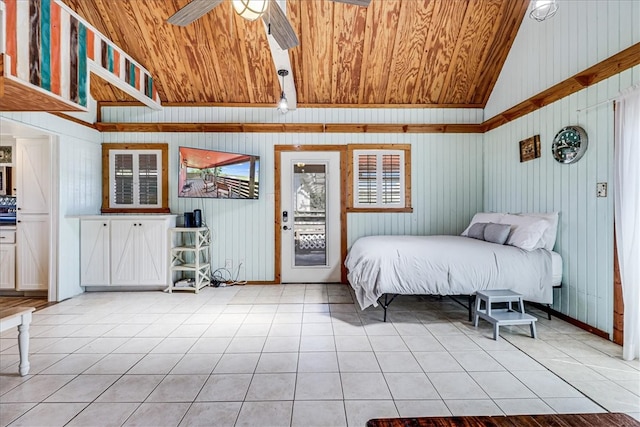 unfurnished bedroom featuring high vaulted ceiling, ceiling fan, wooden ceiling, and light tile patterned flooring