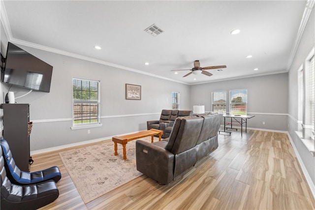 4518 Mars Hill Dr, Corpus Christi, TX 78413 - living area featuring plenty of natural light, light wood-style flooring, ceiling fan, recessed lighting, and ornamental molding