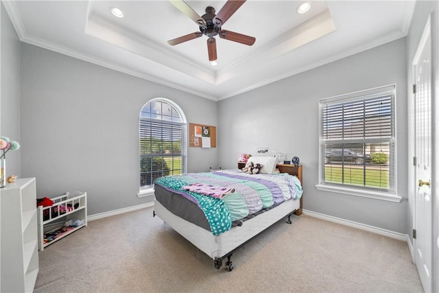 4518 Mars Hill Dr, Corpus Christi, TX 78413 - carpeted bedroom featuring crown molding, a tray ceiling, recessed lighting, and a ceiling fan