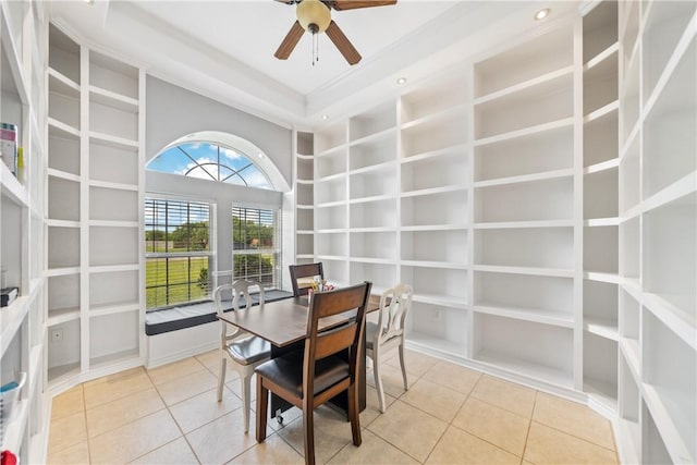 4518 Mars Hill Dr, Corpus Christi, TX 78413 - dining room featuring light tile patterned floors, built in shelves, and a ceiling fan