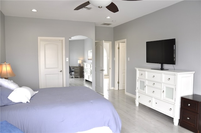 bedroom featuring ceiling fan and light hardwood / wood-style floors