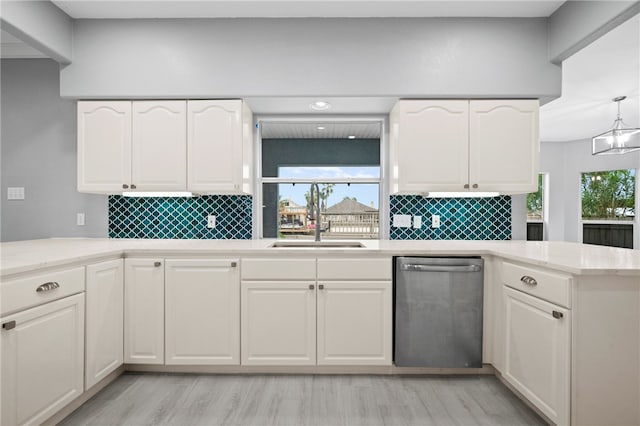 kitchen featuring dishwasher, decorative backsplash, white cabinetry, and kitchen peninsula