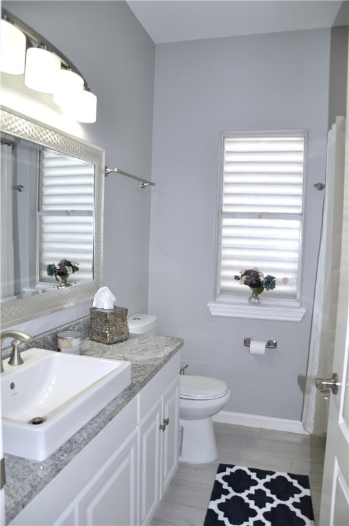 bathroom with vanity, toilet, wood-type flooring, and a wealth of natural light