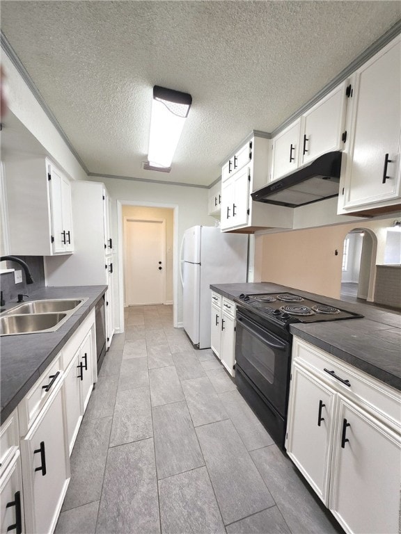 kitchen featuring dishwasher, white cabinetry, black range with electric stovetop, and sink