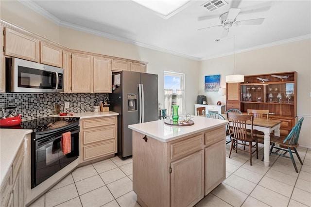 kitchen featuring light tile patterned floors, visible vents, stainless steel appliances, light brown cabinets, and backsplash