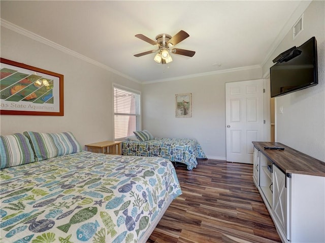 800 Beach Access Road 1a 509, Port Aransas, TX 78373 - bedroom with dark wood-type flooring, ornamental molding, ceiling fan, and baseboards